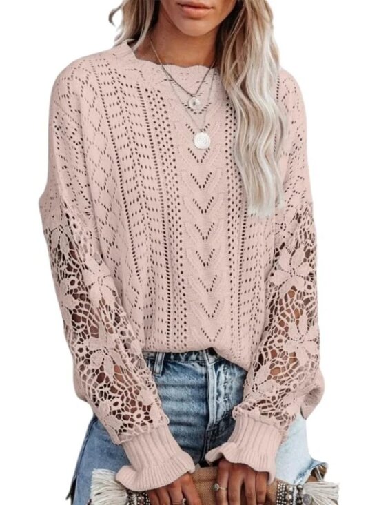 Boutique Sweaters - Women’s Pointelle Crochet Cable Lace Sleeve Sweater "NWOT" TAN Size L